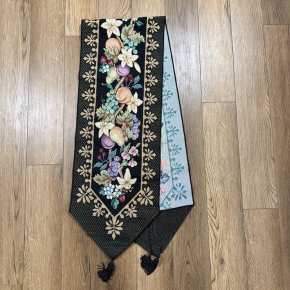 Tapestry Table Runner Black Flowers Fruit Tassels 69.5" Long - Picture 1 of 6